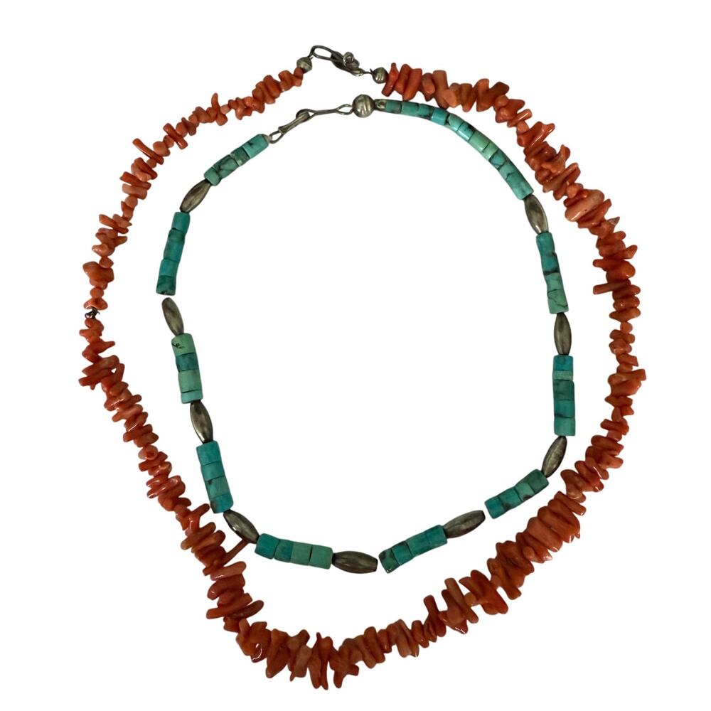 Vintage Heishi Turquoise Choker & Spiny Coral Necklace - Native American 1970's